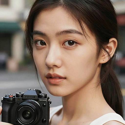 Close-up photograph of an Asian woman with fair skin, dark brown hair in a ponytail, and brown eyes, holding a black Nikon camera, wearing