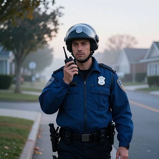 Photograph of a serious male police officer in blue uniform and helmet, holding a radio, standing on a suburban street.