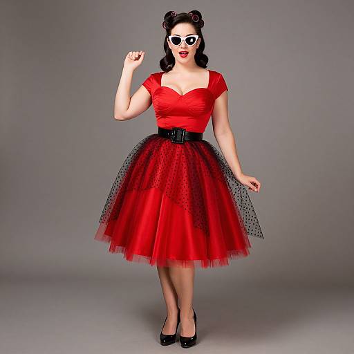 Photograph of a curvy woman with fair skin, wearing a red vintage dress with black polka dot tulle, black belt, black heels,