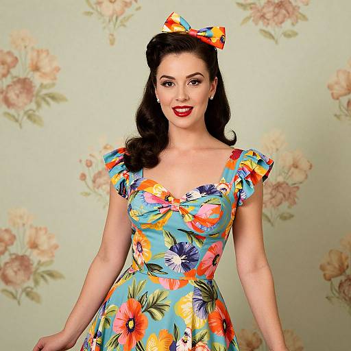 Photograph of a smiling woman with fair skin, red lipstick, and dark wavy hair, wearing a colorful floral dress and matching bow, standing against