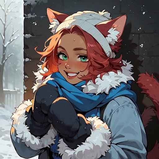 Snowy Dark-Skinned Catgirl with Red Hair