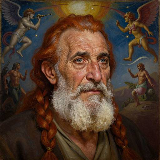 Digital painting of an elderly white man with a long white beard, red hair in braids, surrounded by angelic figures in a celestial backdrop with a