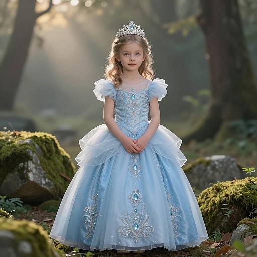 Young Girl in Blue Princess Dress in Enchanted Forest