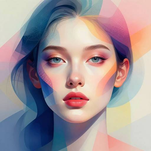 Digital portrait of a young woman with blue eyes, fair skin, and red lips, surrounded by vibrant, abstract geometric patterns in blue, pink, and