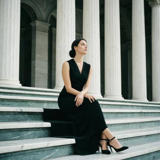 Elegant woman in black dress sitting on marble steps