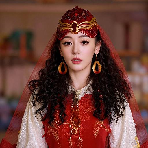 Photograph of an Asian woman with long, curly black hair, wearing a red and gold embroidered traditional outfit, veil, and golden hoop earrings, with