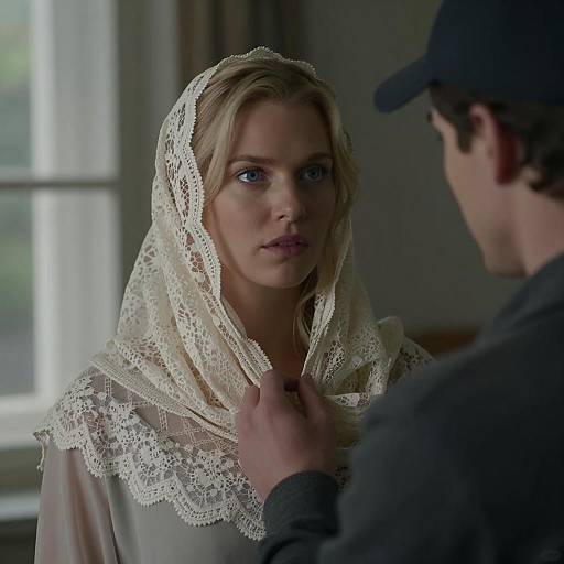 Blonde Woman with Blue Eyes and Lace Scarf