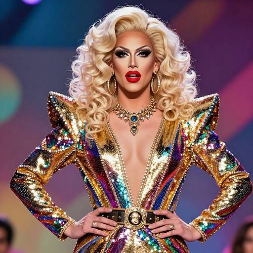 Photograph of a glamorous blonde drag queen with voluminous curls, wearing a sparkly, multicolored, deep V-neck jumpsuit, gold statement