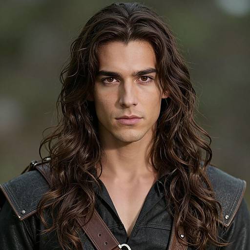 Photograph of a handsome young man with long, wavy dark brown hair, intense brown eyes, and a serious expression, wearing a black denim shirt