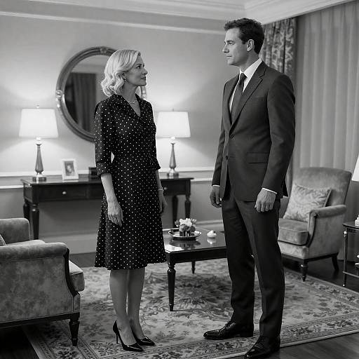 Black and white photo of man and woman in elegant living room