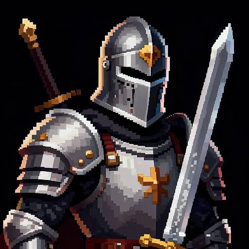 Pixel art of a medieval knight in shiny silver armor with a gold cross, holding a large sword, black background.