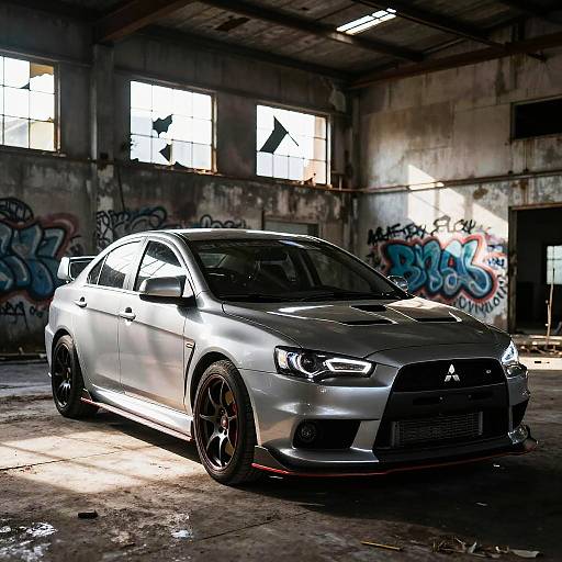 Photograph of a sleek, silver Subaru WRX with black rims and LED headlights parked in a dimly lit, graffiti-covered, abandoned warehouse with broken