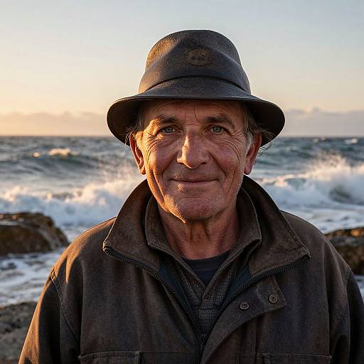 Photograph of an elderly man with weathered skin, wearing a dark hat and brown jacket, standing on a rocky beach at sunset with waves crashing in