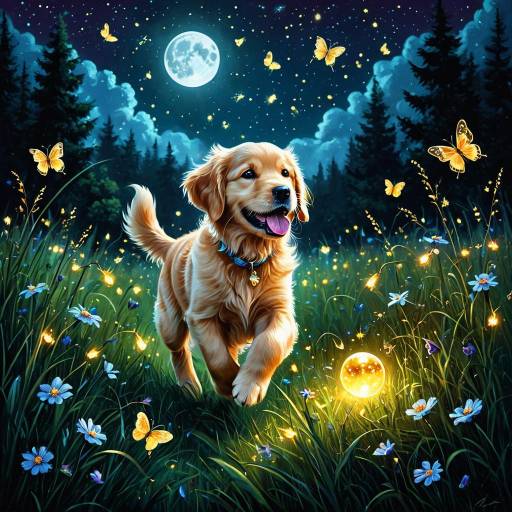 Whimsical Puppy Chasing Butterflies at Night Whimsical Puppy Chasing Butterflies at Night
