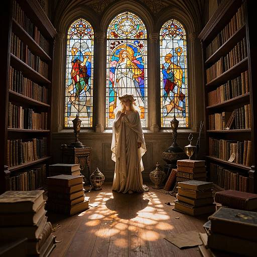 Photograph of a robed figure standing in a sunlit, medieval-style library with colorful stained glass windows and wooden bookshelves.