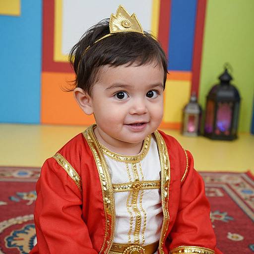Photograph of a smiling toddler with dark hair, wearing a gold crown, red and gold embroidered shirt, white bodice, in a colorful, decorated