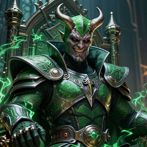 Digital artwork of a menacing, horned demon in green, ornate armor with glowing green electricity, grinning maniacally on a throne.