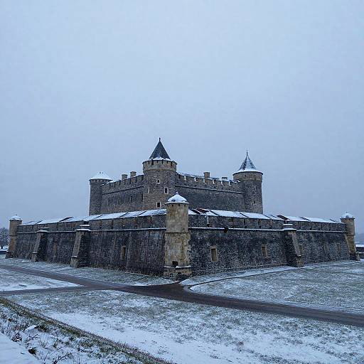 Misty Snowy Colonial Fortress at Dusk