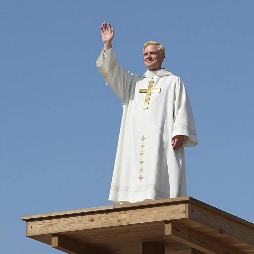 Smiling Cleric on Wooden Platform
