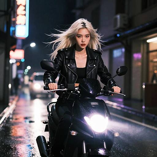 Nighttime city street, blonde woman with long hair, black leather jacket, riding a black scooter with bright headlights, wet pavement reflections.