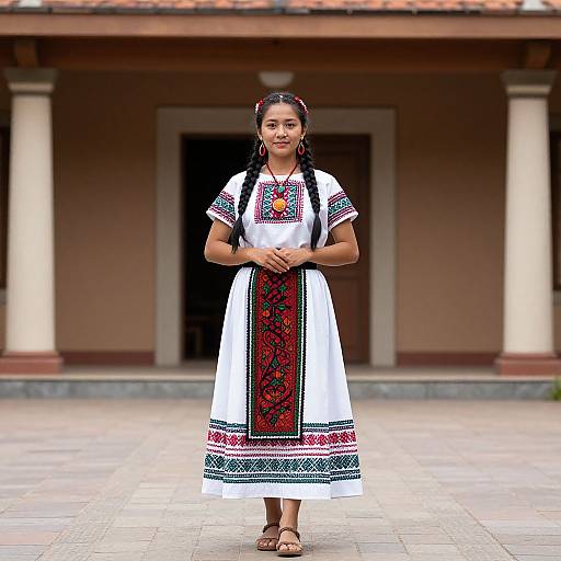 Photograph of a young woman with dark hair in braids, wearing a white traditional Mexican dress with red and black embroidery, standing in front of a