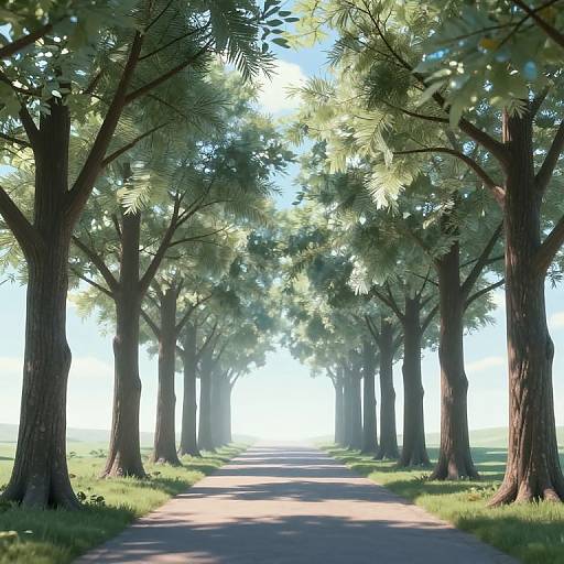 Photorealistic digital artwork of a sunlit, tree-lined path with tall, leafy trees casting dappled shadows on the asphalt road.