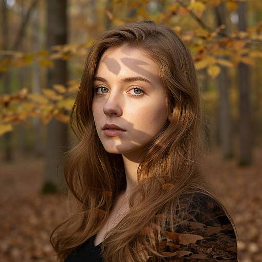 Photograph of a young woman with fair skin, long brown hair, and blue eyes, standing in a forest with autumn leaves, wearing a black lace