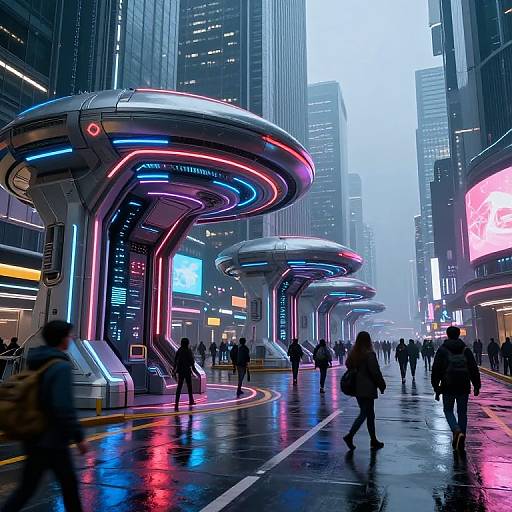 Photograph of a futuristic urban street with neon-lit, sci-fi bus stops, wet reflective pavement, and bustling pedestrians in a foggy cityscape
