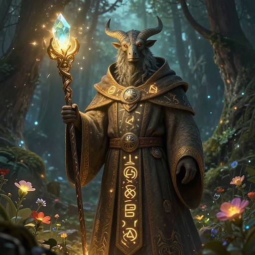 Digital fantasy artwork of a horned, bearded goat-man in ornate, glowing runes-adorned cloak, holding a fiery staff in a magical