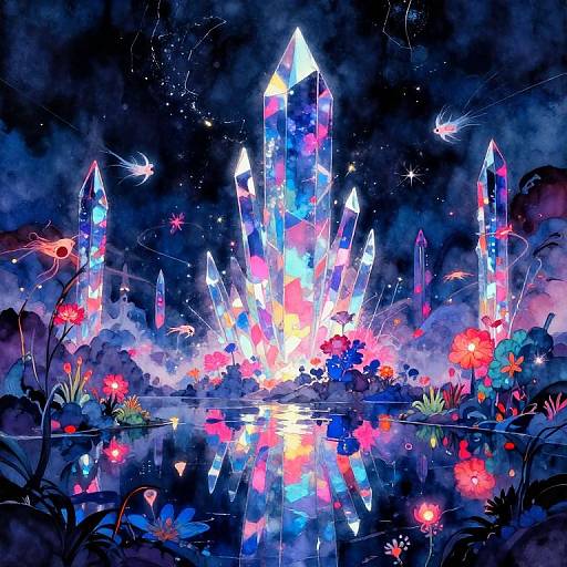 Vibrant digital painting of glowing crystal formations surrounded by neon flowers, reflected in a shimmering water pool under a starry night sky.