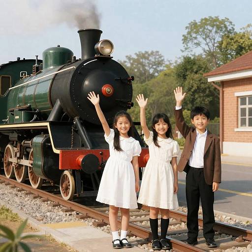 Joyful Children by a Steam Train
