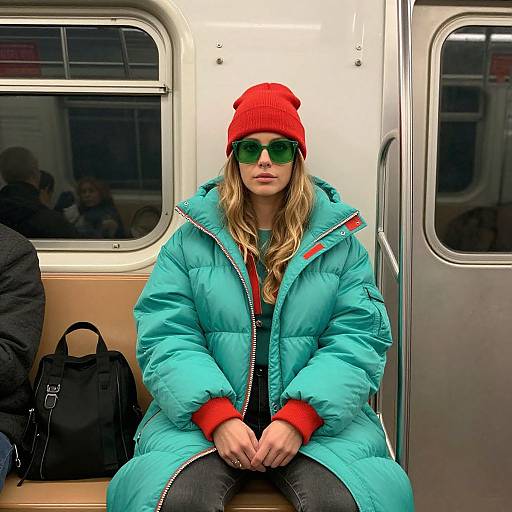 Photograph of a blonde woman in a bright turquoise puffer jacket, red beanie, green sunglasses, sitting on a subway bench.