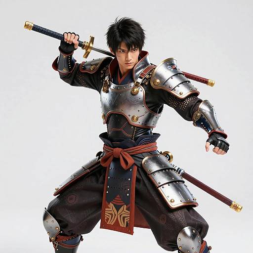 Digital art of a fierce, black-haired samurai in silver armor, holding a sword over his shoulder, white background, intense expression, red sash