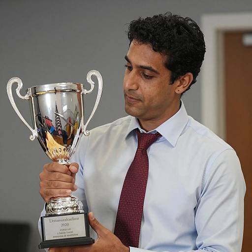 Focused Man Holding Trophy in Blue Shirt