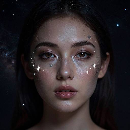 Photograph of a young woman with glowing skin, dark hair, and sparkling star-like patterns on her cheeks and forehead, set against a dark, star