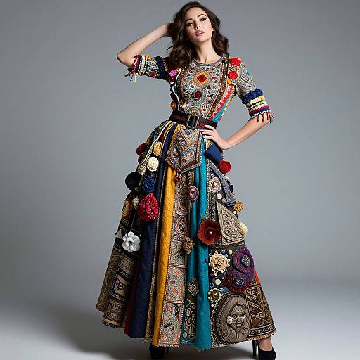 Photograph of a confident woman in an elaborate, multi-colored, embroidered dress with intricate patterns, pom-poms, and colorful stripes, standing against a