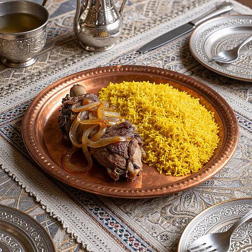 Photograph of a copper plate with grilled meat and yellow rice, on an ornate lace tablecloth, surrounded by silver dishes and utensils.