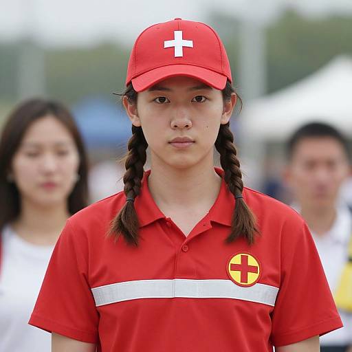 Photograph of an Asian woman with braided hair, wearing a red cap and uniform with white stripes and a red cross, standing in front of two