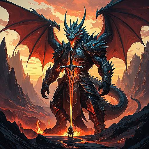 Colossal Dragon Guardian with Flaming Sword