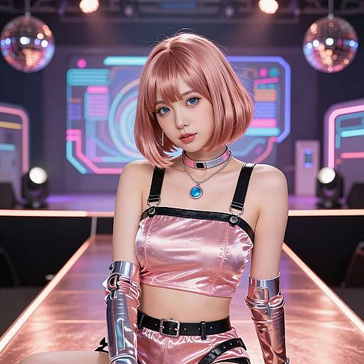 Digital CGI image of a pink-haired, blue-eyed woman in a shiny pink crop top, black straps, metallic arm cuffs, and blue pendant, set