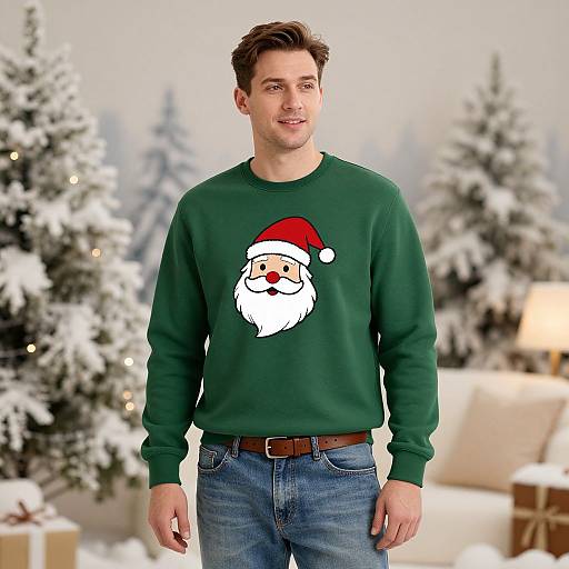 Photograph of a Caucasian man with short brown hair wearing a green Christmas sweater with a Santa beard graphic, blue jeans, and brown belt, standing in