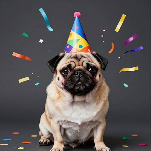 Photograph of a pug wearing a colorful party hat, surrounded by multicolored confetti on a dark background, looking slightly sad.