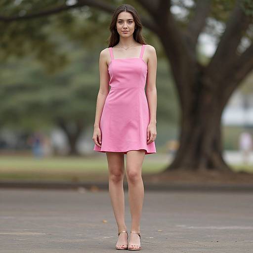 Photograph of a young woman with long dark hair, wearing a pink sleeveless dress and beige sandals, walking on a park path with blurred trees in