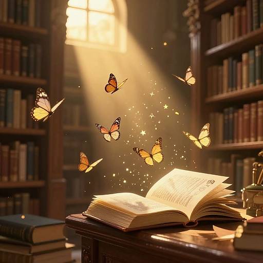 Mystical Library with Fluttering Books