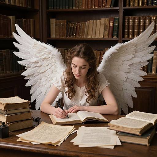 Photograph of a young woman with white angel wings, long brown hair, and a white lace top, writing in an open book at a wooden desk