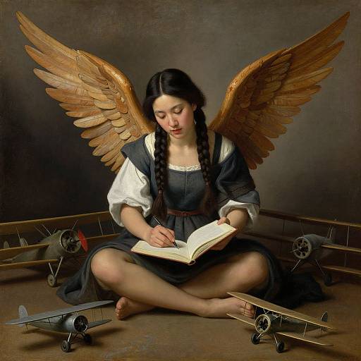 Photograph-like painting of a young woman with golden wings, braided hair, and a blue dress, sitting cross-legged, writing in a book surrounded