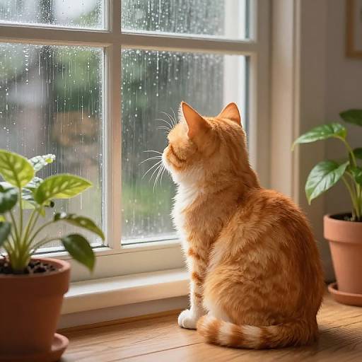 Photograph of an orange tabby cat with white chest, sitting on a sunlit windowsill, gazing outside at a rainy window, with two
