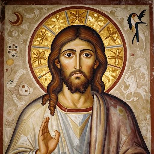 Detailed, colorful icon of Jesus Christ with brown hair, beard, and halo, raising right hand, set against intricate gold and patterned background.