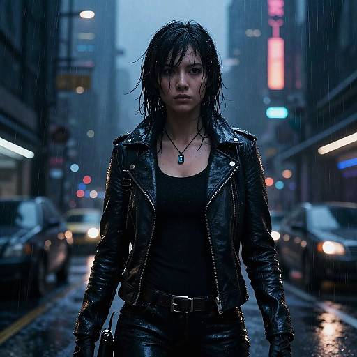 Photograph of a wet, dark-haired woman in a black leather jacket and tank top, standing in a rainy urban street at night, with blurred neon