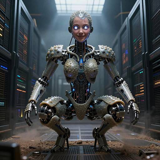 Photorealistic CGI of a smiling, female, humanoid robot with metallic, spiked armor in a dim, futuristic server room. Squatting, glowing
